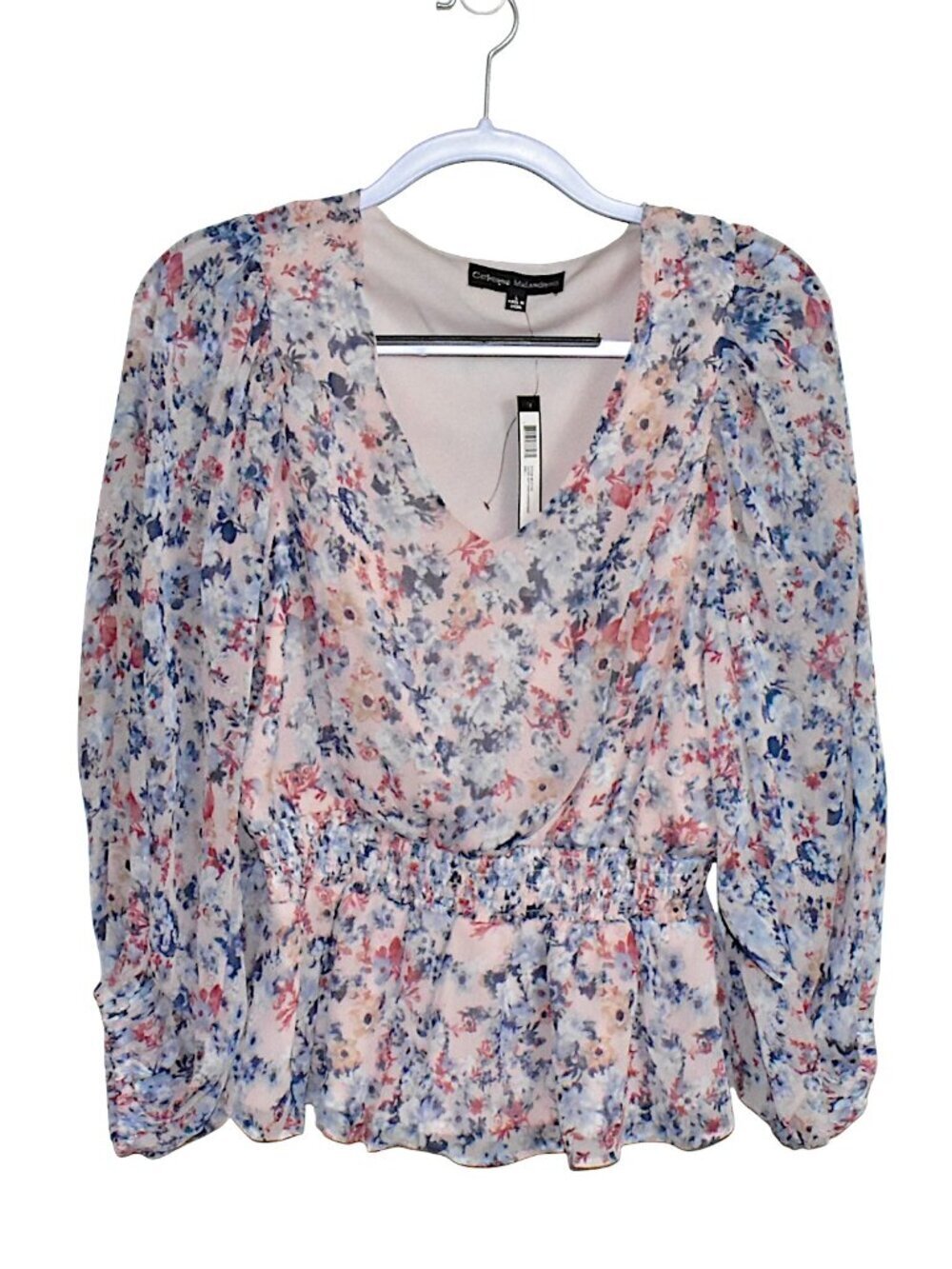 Catherine Malandrino Sheer Sleeve Smocked Peplum Floral Boho Blouse Top Size L